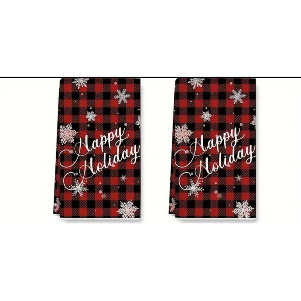 Kitchen Towels Red Black Plaid Happy Holiday